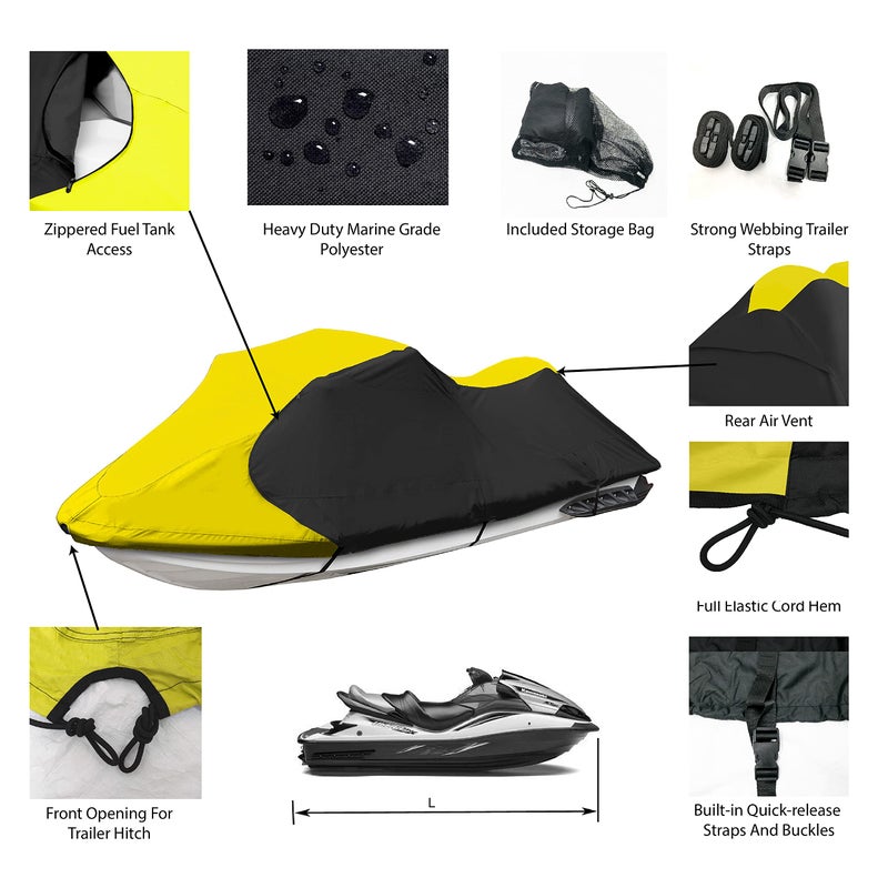 Jetpro Trailerable Jet Ski Cover, Waterproof Marine Grade 600D Heavy Duty Polyester PWC Cover Yellow/Black Fits from 126" to 135" 3 Seater - Image 2